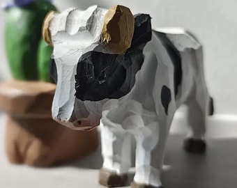 Hand Carved Wooden Cow Figurine