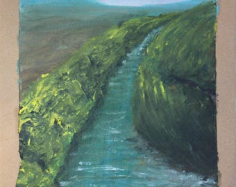 Paesaggio con fiume – dipinto originale a mano su cartone riciclato