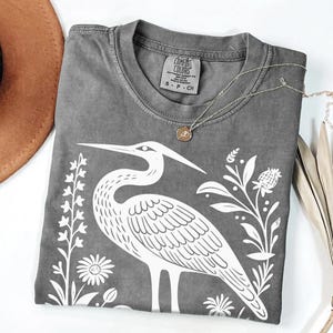 Heron Shirt Linocut Print | Blue Heron Bird Lover Gift | Folk Art T-Shirt | Granola Girl Nature Top | Linocut Bird Shirt | Earthy Clothes