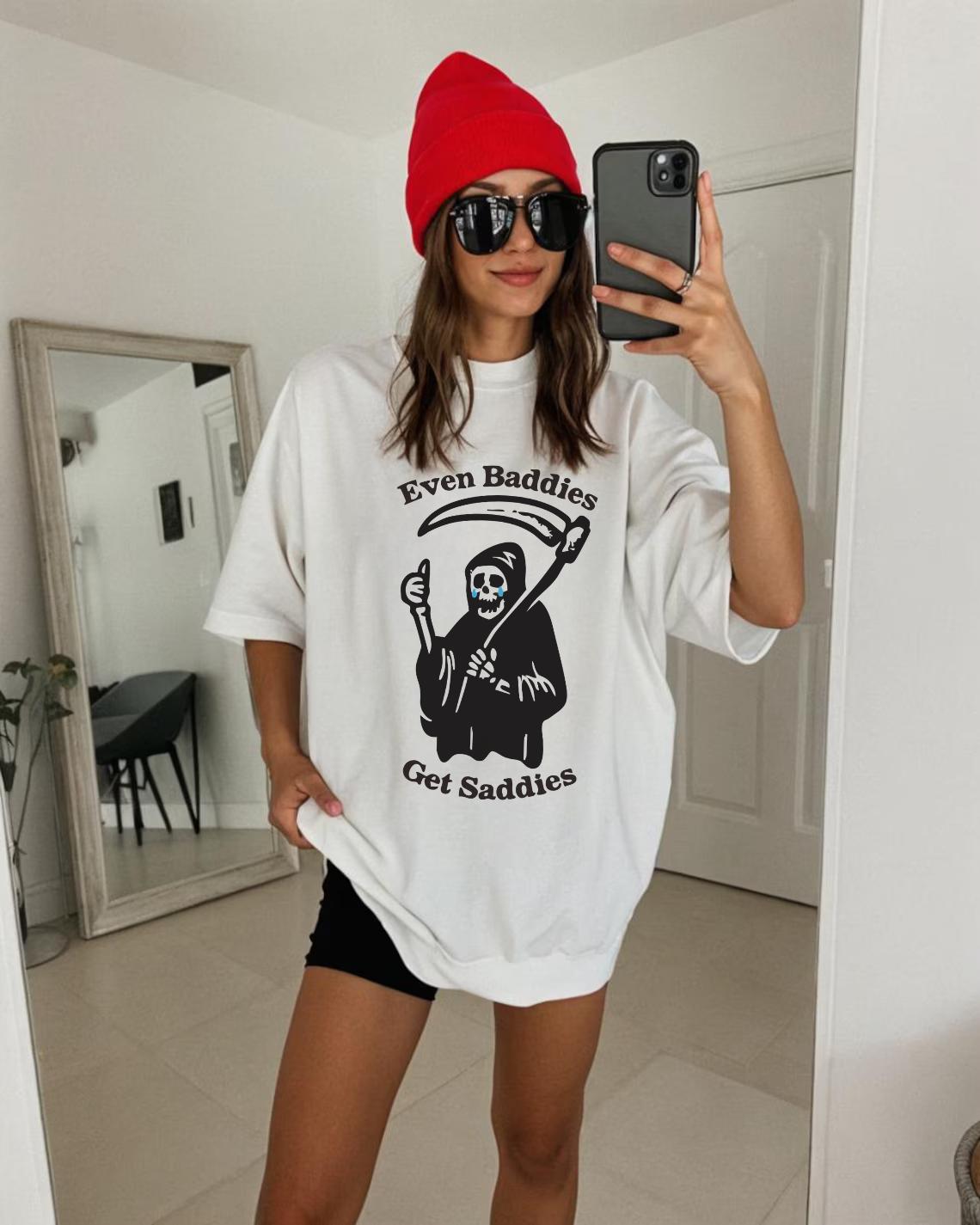 Even Baddies Get Saddies Grim Reaper Tee | Funny Skeleton Shirt | Alt Girl Oversized T-Shirt | Sad Meme Graphic Top