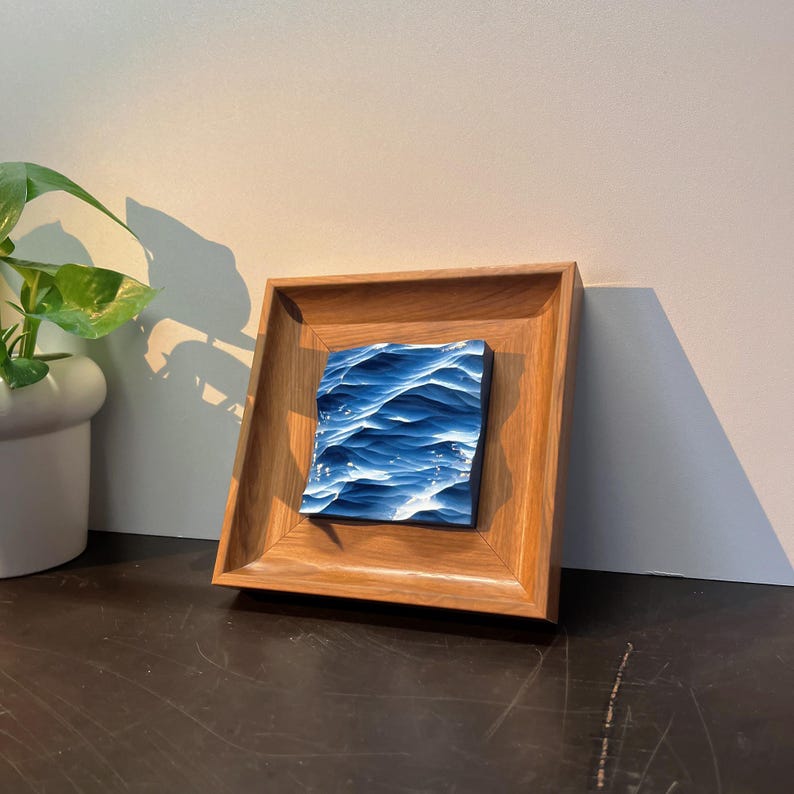 Wooden Ocean Waves Carving,Wood Wall Art,Unique Home Decor, house warming gift,Luxury Gift,Gift For Him,Premium Desk Ornament Beach Decor 6.8×6.8×1.1 inches
