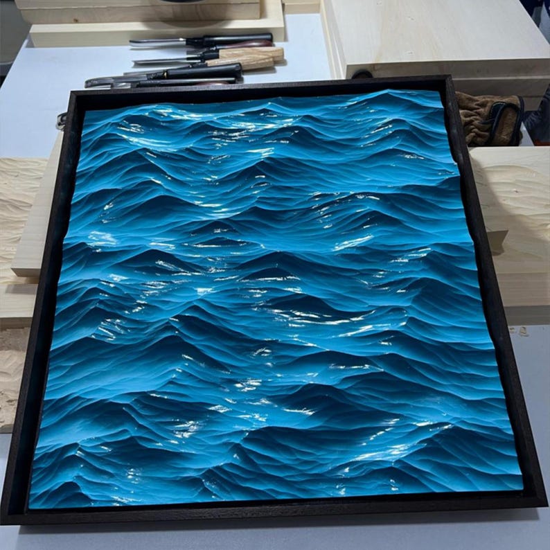 Wooden Ocean Waves Carving,Wood Wall Art,Unique Home Decor, house warming gift,Luxury Gift,Gift For Him,Premium Desk Ornament Beach Decor 16.5×16.5×1.1 inches