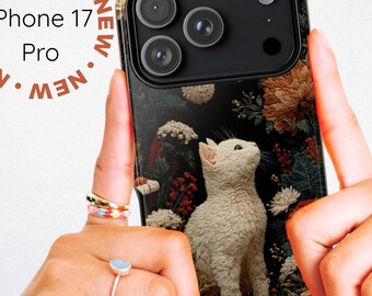 Floral Cat Embroidery Phone Case, iPhone & Galaxy, MagSafe or Tough