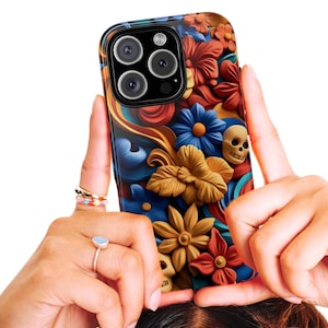 Dia De Los Muertos Floral Skull Phone Case, Colorful Mexican Folk Art, Day of The Dead Case, Gothic Floral Cover, iPhone 16 15 14 Samsung