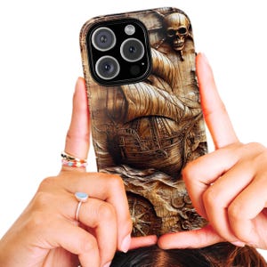 Vintage Pirate Ship Phone Case iPhone 16 15 14 13 Pro Max, Wooden Look Compass Skull Art, Samsung Galaxy S24 Case, Gift for Him Her