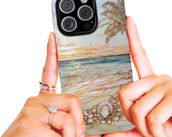 Stained Glass Beach Phone Case: Coastal Palm Tree Design