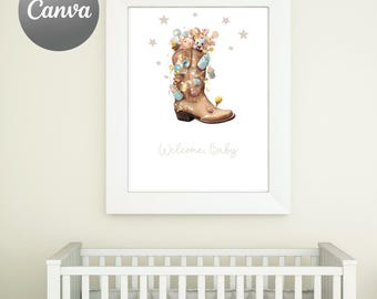 Welcome Baby Cowboy Boot Wall Art | Western Nursery Decor Printable | Watercolour Cowboy Boots Baby Room Sign | Digital Download Print