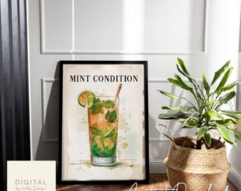Arte mural de cóctel mojito / Descarga digital / Impresión para barra de cocina / Decoración moderna neutra / Póster de cóctel imprimible