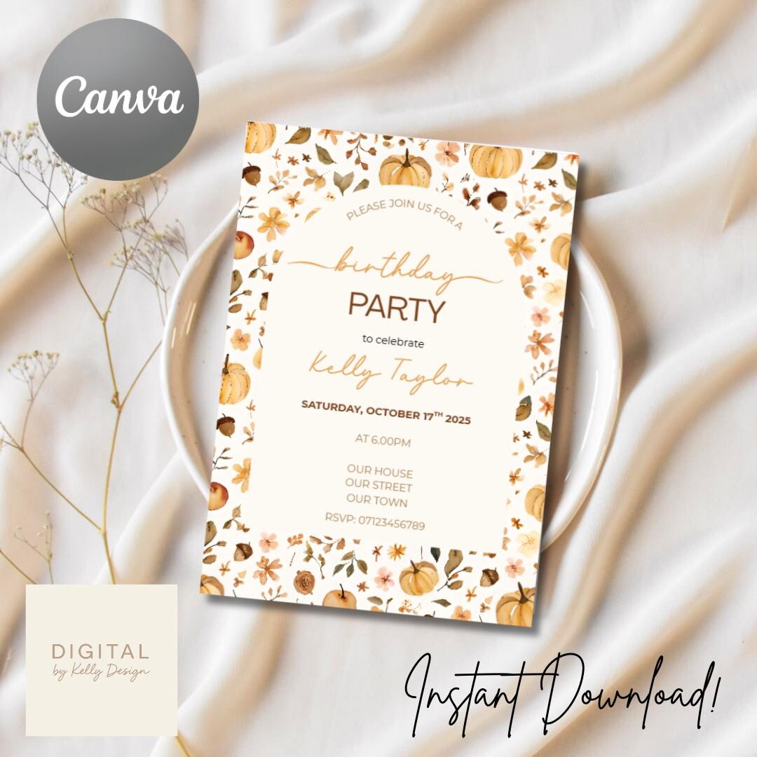 Editable Autumn Birthday Party Invitation | Fall Pumpkins & Leaves ...
