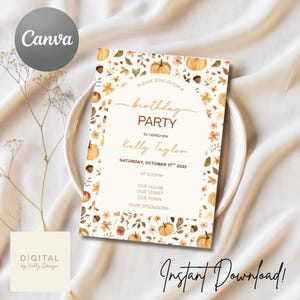 Invitación editable para fiesta de cumpleaños de otoño / Calabazas y hojas otoñales / Plantilla Canva de 13 x 18 cm / Descarga instantánea imprimible