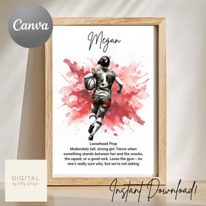 Editable Rugby Player Poster A4 | Teen Rugby Gift | Personalised Rugby Print for Girls | Rugby Decor | Digital Download | Canva Template