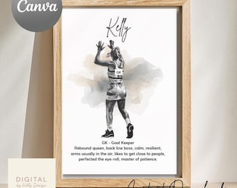 Póster editable de jugador de netball (A4) / Regalo de netball / Impresión personalizada de netball / Descarga digital / Plantilla de Canva