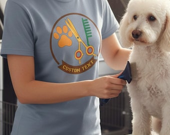 Pet Groomer T-Shirt Paw & Scissors Logo Custom Text Design Comfort Colors Dog Grooming Salons Animal Stylists Dog grooming uniform