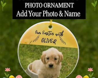 Custom Easter Dog Photo Ornament Personalized Pet Name Ceramic Keepsake 3x3 Round Easter Decor Gift for Dog Owners Pet Lover Ornament