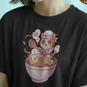 Roupa casual, camiseta divertida, presente para amantes de animais, camiseta de algodão grosso unissex com estampa de gato fofo, camiseta de anime, camiseta para fãs de macarrão de anime
