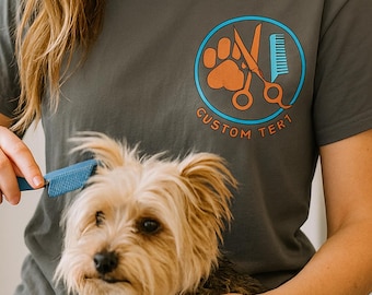 Unisex Pet Groomer T-Shirt with Paw & Scissors Logo Custom Text for Dog Grooming Salons and Animal Stylists Dog grooming uniform