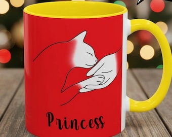 Custom Cat Lover Mug with Pet Name Personalized Cat Mom Gift Minimal Line Art Cat and Hand Design Christmas Coffee Cup for Pet Owners