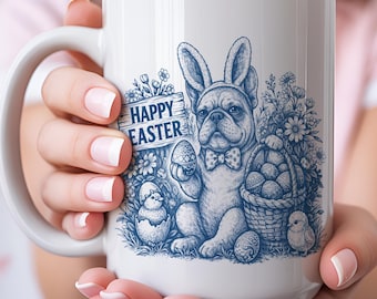 French Bulldog Easter Mug Toile de Jouy Style Happy Easter Ceramic Cup 11oz 15oz