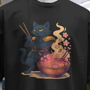 Camiseta de algodão grosso unissex com estampa de gato fofo, camiseta para fãs de macarrão de anime, presente divertido para amantes de animais e roupa casual