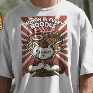 Roupa casual, camiseta de fã de macarrão de anime, camiseta de fã de mangá, camiseta de algodão grosso unissex com macarrão de gato fofo, presente para amantes de animais