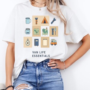 Van Life Essentials T Shirt Camping Adventure Tee With Maps Flashlight Tent Compass Notebook Mug Travel Gift For Rv Nomads Campers