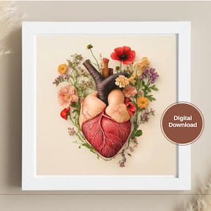 Floral Anatomical Heart Art Print Botanical Medical Illustration Inspirational Wall Art for Clinics Dorms Hospitals & Study Spaces Digital