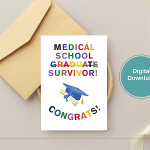 Carte de félicitations de survivant diplômé de l'école de médecine Cadeau drôle de remise des diplômes en médecine pour les médecins, infirmières, étudiants en médecine, précepteurs, soins de santé, cartes de jeu de mots