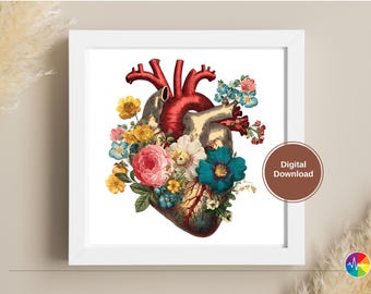 Floral Anatomical Heart Art Print: Botanical Medical Illustration (Digital)