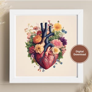 Floral Anatomical Heart Art Print Botanical Medical Illustration Inspirational Wall Art for Clinics Dorms Hospitals & Study Spaces Digital