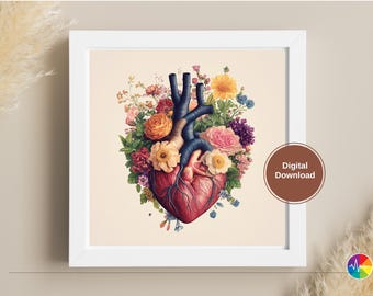 Floral Anatomical Heart Art Print: Botanical Medical Illustration (Digital)