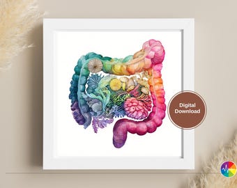 Lámina artística de intestinos florales: Póster de anatomía a color (descarga digital en PDF y PNG)