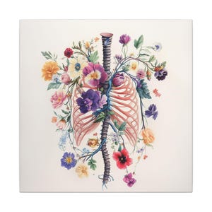 May include: A square art print featuring a central human rib cage and spine structure rendered in soft pink tones, intricately intertwined with a vibrant array of colorful flowers including purple, yellow, red, and pink blossoms with green leaves.