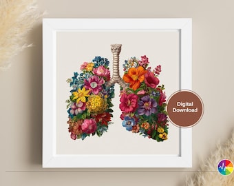 Könnte beinhalten: Ein gerahmter Druck mit einem floralen Lungendesign. Das Kunstwerk zeigt eine Lunge, die mit bunten Blumen in Rot-, Rosa-, Gelb- und Blautönen gefüllt ist. Der Text "Digitaler Download" ist sichtbar.
