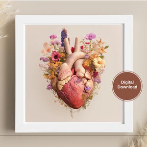 Human Heart Print Anatomical Printable Anatomic Wall Art Medical Decor Organ Cardiology Clinic Hospital Floral Anatomical Heart Art Print
