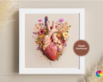 Floral Anatomical Heart Art Print: Botanical Medical Illustration (Digital Download)