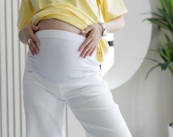 White Maternity Jeans – Over Bump Pregnancy Pants, Stretch Cotton Denim Trousers for Pregnant Women, Comfortable Maternity Wear