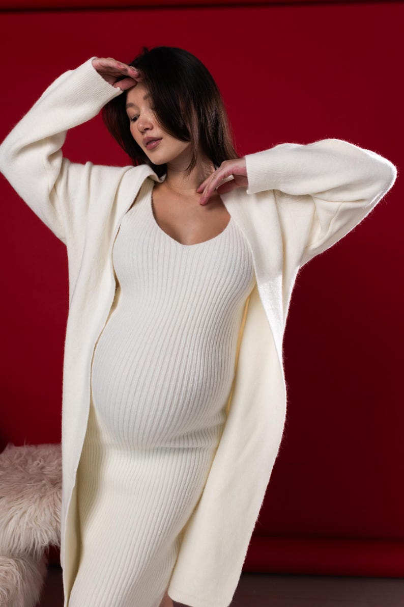 Maternity Knit Dress With Cardigan Set, Cozy Winter Pregnancy Outfit — free download