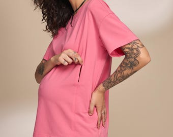 Still-T-Shirt aus Baumwolle, Baumwoll-Schwangerschafts-Oberteil mit Reißverschluss für stillende Mütter, bequemes Still-T-Shirt, lässige Umstandsmode