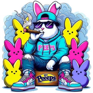 May include: A white rabbit wearing a blue hoodie with the word "PEEPS" on it, sunglasses, and a backwards hat, sitting on a box that says "MY PEEPS". The rabbit is holding a lit cigar and is surrounded by yellow, pink, and purple marshmallow Peeps.