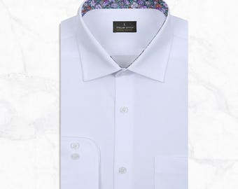 Men's White Egyptian Cotton Poplin Dress Shirt, Medium Spread Collar, French Placket