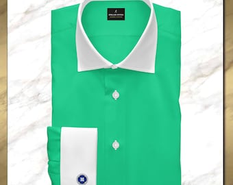 Luxury Green Men's Dress Shirt With White Contrast | Wide Spread Collar | French Cuff