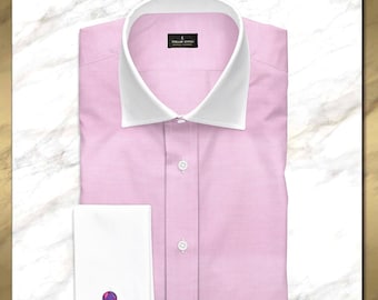 Camisa de vestir rosa, 100 % algodón, cuello blanco en contraste y puños franceses.