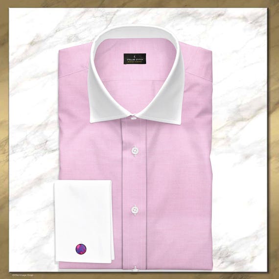 Pink Dress Shirt, 100% Cotton Pinpoint, White Contrast Collar, French Cuff Pink Dress Shirt, 100% Cotton Pinpoint, White Contrast Collar, French Cuff