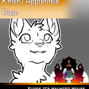 Puede incluir: Ilustración digital que presenta un contorno de personaje parecido a un gatito etiquetado como "Kitten/Apprentice Base". La imagen incluye una casa embrujada de dibujos animados y el texto "Fudge It's Haunted House."