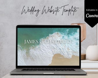 May include: A laptop displays a wedding website template with a beach scene. The screen shows the names "James & Charlotte," the date "July 6-8, 2027," and location "Cabo, Mexico." The words "Wedding Website Template" and "Editable in Canva" are also visible.