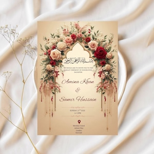 K&ouml;nnte beinhalten: Eine Hochzeitseinladung mit einem floralen Design mit roten und wei&szlig;en Rosen. Die Einladung ist f&uuml;r Amina Khan und Samir Hussain und enth&auml;lt Datum und Uhrzeit der Zeremonie sowie den Ort: Meridian Grand, London, NW1 3AB.