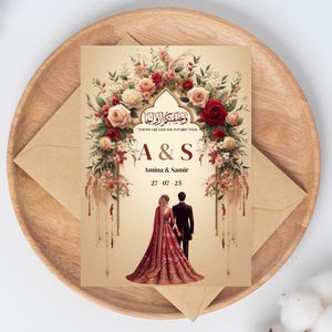 K&ouml;nnte beinhalten: Eine Hochzeitseinladung mit einem floralen Design in Rot-, Wei&szlig;- und Goldt&ouml;nen. Die Einladung zeigt ein Paar in Silhouette, das unter einem floralen Bogen steht. Der Text auf der Einladung lautet "A & S Amina & Samir 27.07.25".