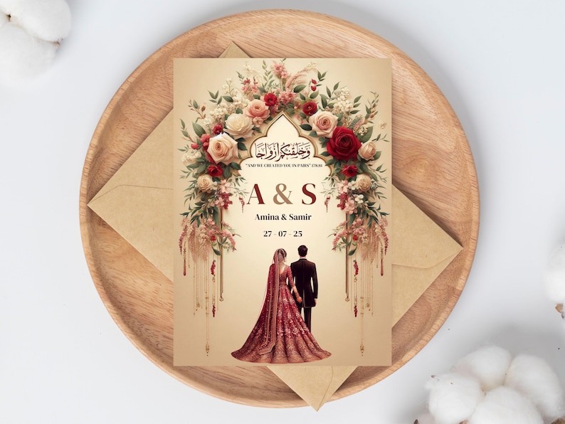 K&ouml;nnte beinhalten: Eine Hochzeitseinladung mit einem floralen Design in Rot-, Wei&szlig;- und Goldt&ouml;nen. Die Einladung zeigt ein Paar in Silhouette, das unter einem floralen Bogen steht. Der Text auf der Einladung lautet "A & S Amina & Samir 27.07.25".