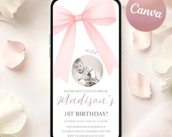 Pink Bow 1st Birthday Invitation, Photo Frame (Canva Template, Digital Download)