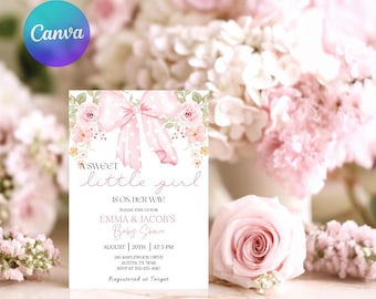 Floral Pink Bow Baby Shower Invitation: Elegant Girl Invite (Editable Template, Digital Download)